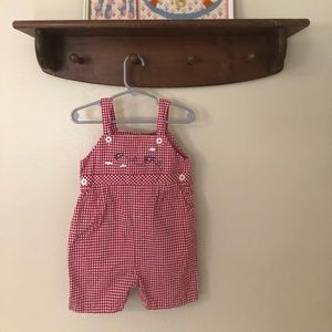 Vintage Carriage Boutique Red Gingham Airplane Boy Short Overalls 24m
